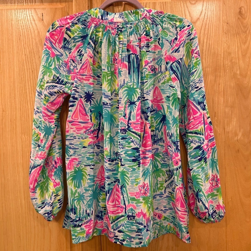 Lilly Pulitzer XS Silk Tunic Top Sailboat Palm Print Long Sleeve Blouse - Picture 7 of 10